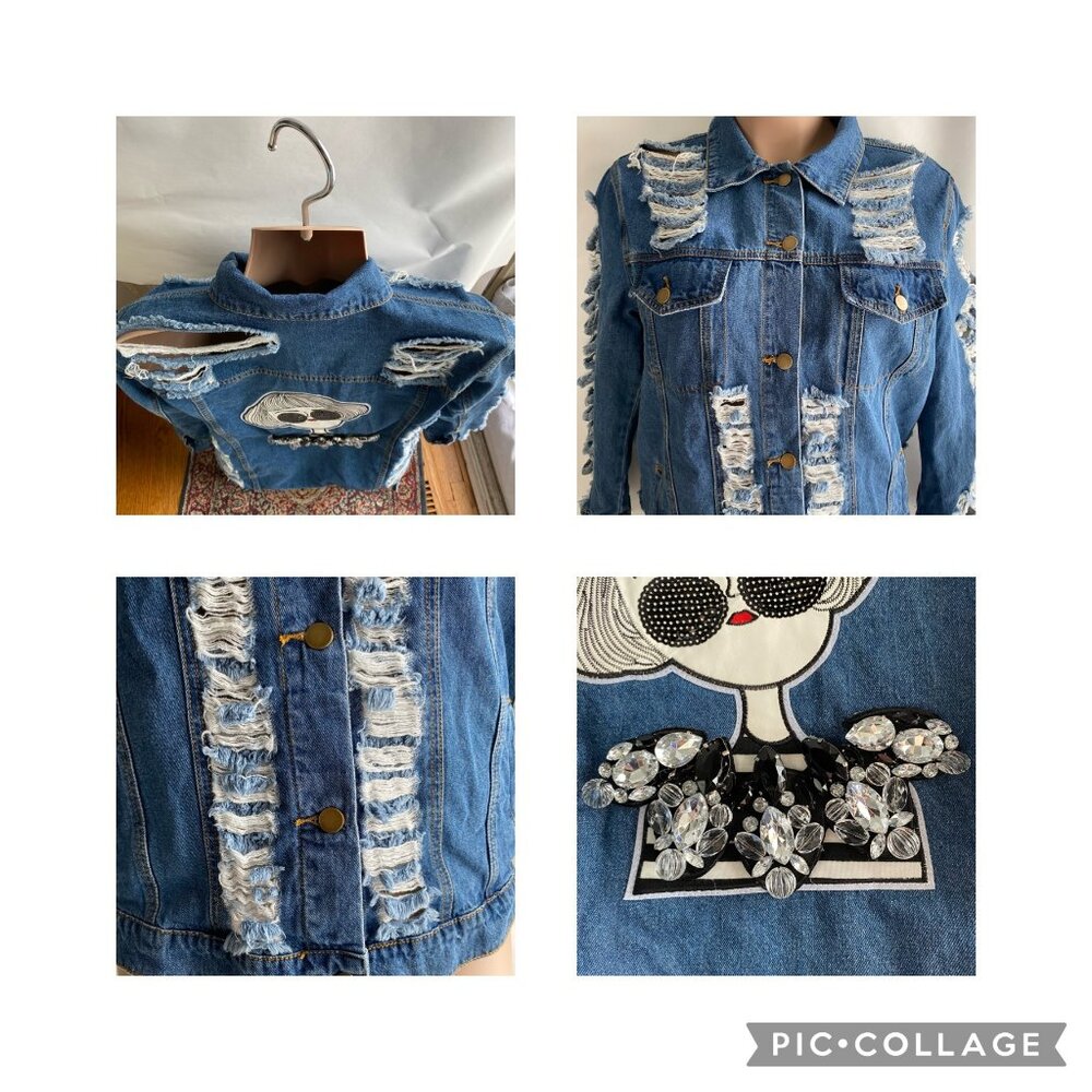 Denimland Paris Collection Jean Jacket Women M Destroyed Rhinestones Embroidered - Picture 9 of 13